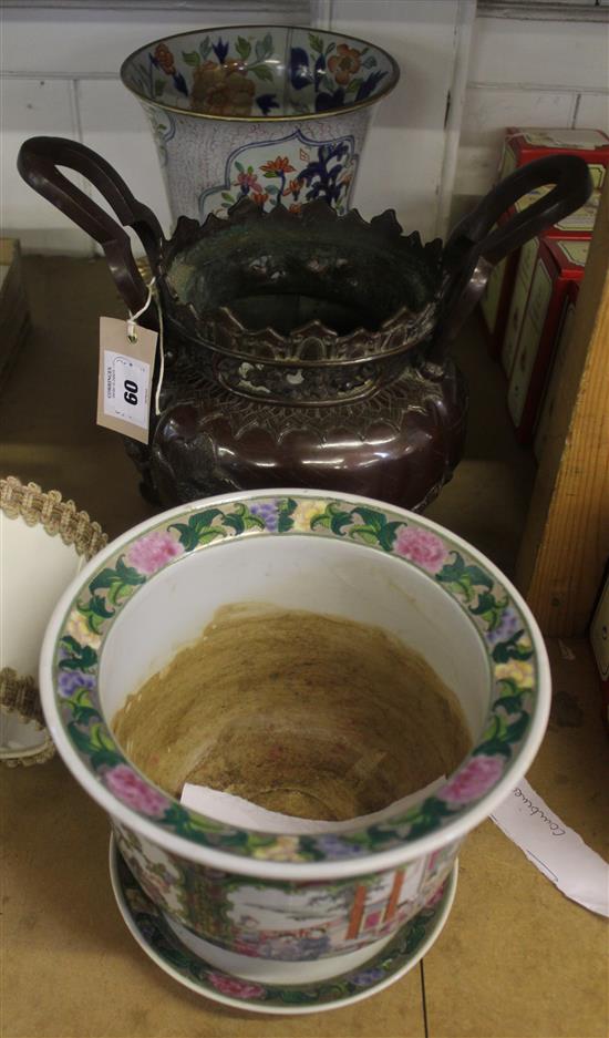 Japanese bronze censer on tripod base with raised handle (lacking cover)